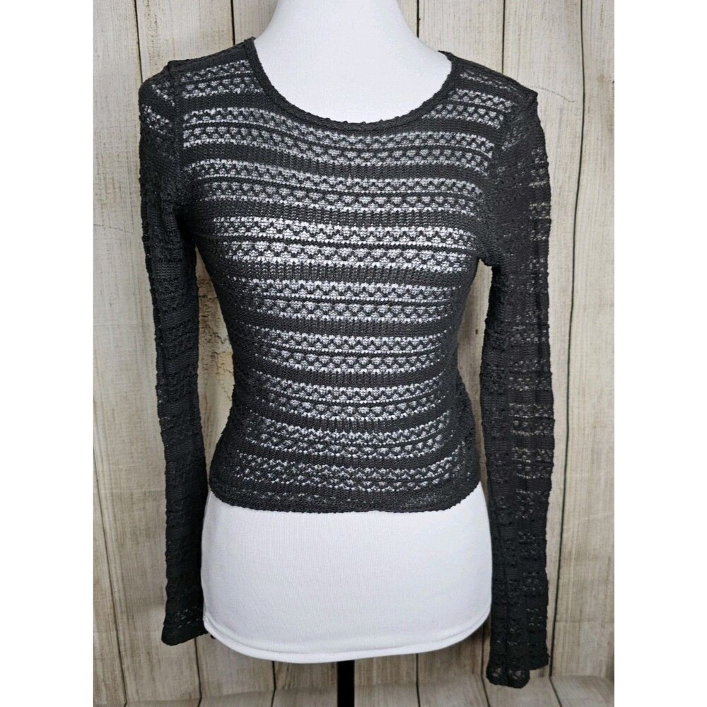 Hollister Womens Small Gray Open Knit Crochet Sweater Top Sheer Long Sleeve Y2K
